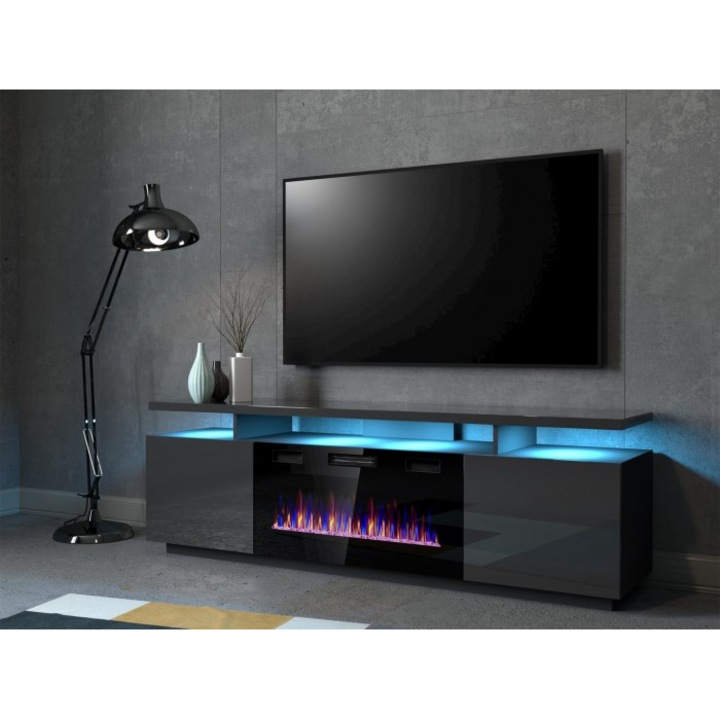 Comoda TV, Cama Meble, PAL/MDF, 40x52x180cm, Semineu electric inclus, Gri