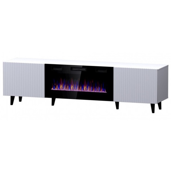Comoda TV, Cama Meble, PAL/MDF, 42x49x180cm, Semineu electric inclus, Alb