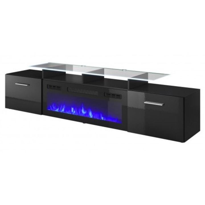 Comoda TV, Cama Meble, PAL/MDF, 37x48x190cm, Semineu electric inclus, Negru