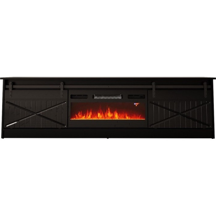 Comoda TV, Cama Meble, PAL/MDF, 35x56.7x200cm, Semineu electric inclus, Negru