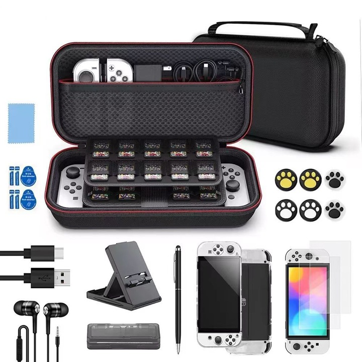 Комплект от 17 защитна чанта за игра Nintendo Switch, SIHOiSi, черна