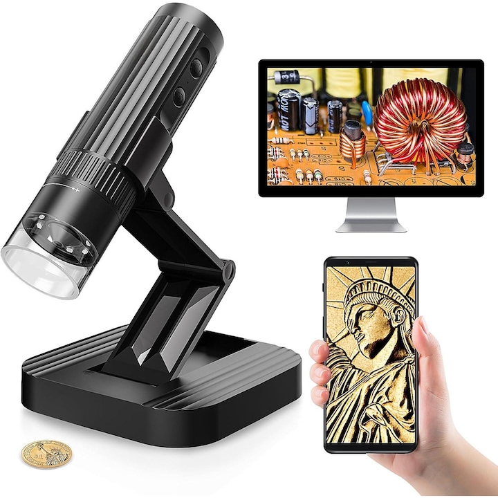 Microscop digital fara fir, WALALLA, 50X-1000X 1080P, WiFi HD, pentru iPhone/iPad/Android, Negru