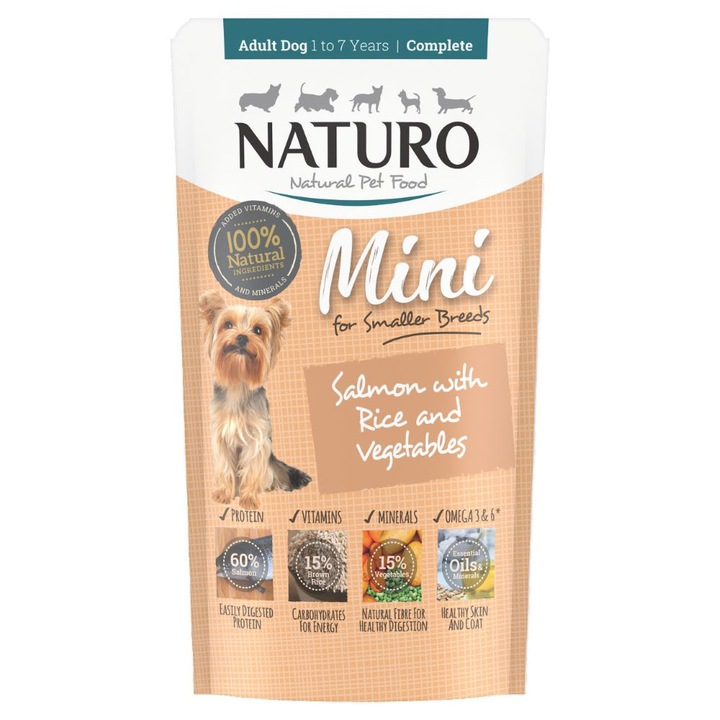 Hrana umeda pentru caini, Naturo Mini Adult Somon si Orez, 150g