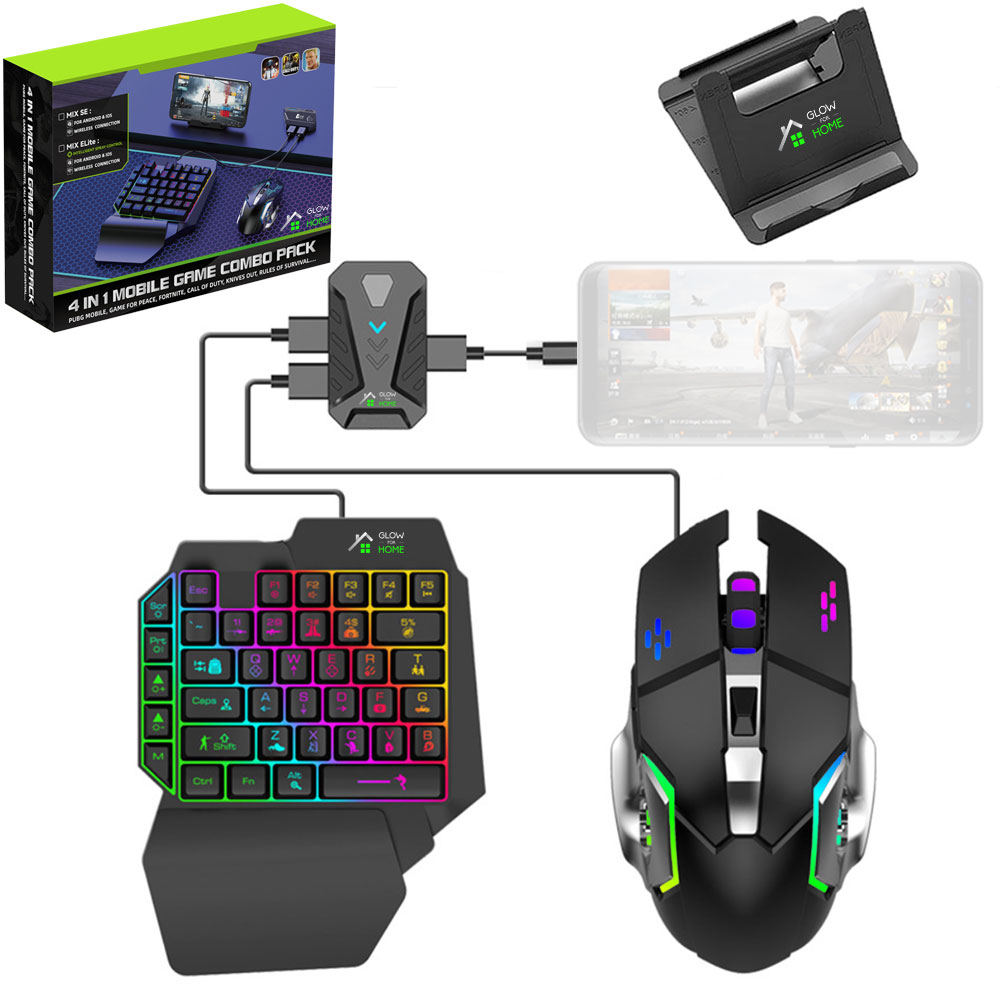 Set Kit gaming cu tastatura iluminata gaming 39 taste one hand si mouse,  GlowforHome, Iluminare Rainbow,