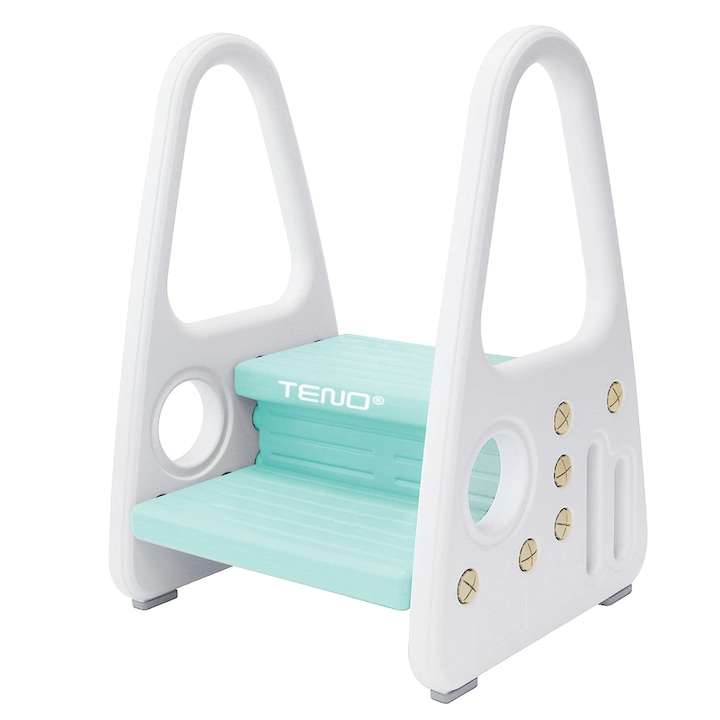 Teno® Детска седалка-бустър, мултифункционална, тип стълба, две стъпала, неплъзгаща се повърхност, странични дръжки, за кухня/баня, удобна, безопасна, тюркоаз