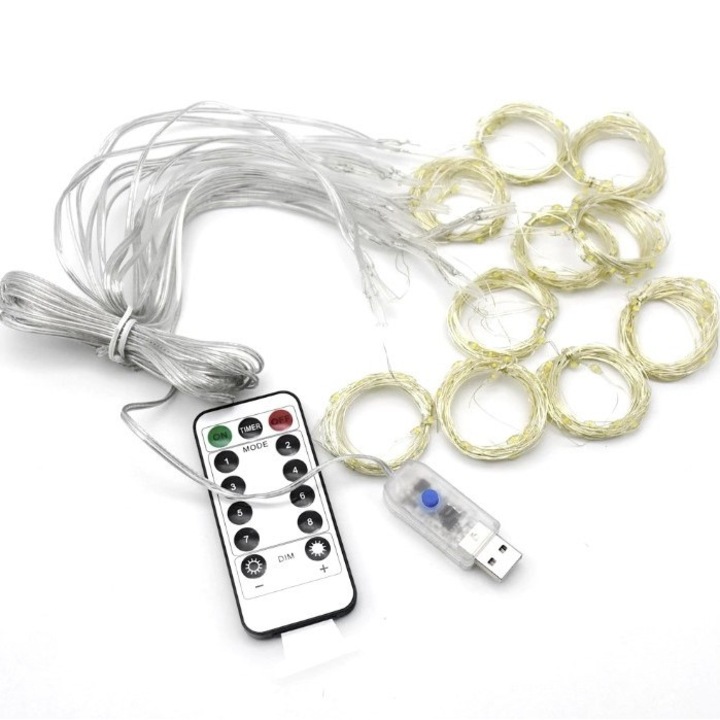 Cortina luminoasa multicolora cu telecomanda, pentru iluminarea exterioara si interioara, creeaza o atmosfera festiva, 15 carlige de agatat, 8 moduri de intermitent, cu 300 de lumini LED, 3 x 3 m - Lumini LED de Craciun Colorlights