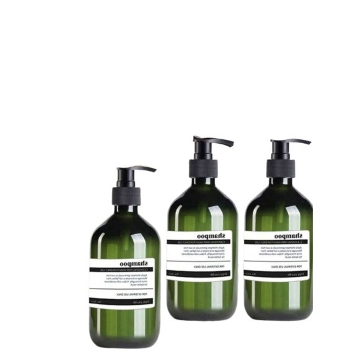 Комплект от 3 контейнера тип дозатор за шампоан, балсам и душ гел, 500 мл, зелен цвят