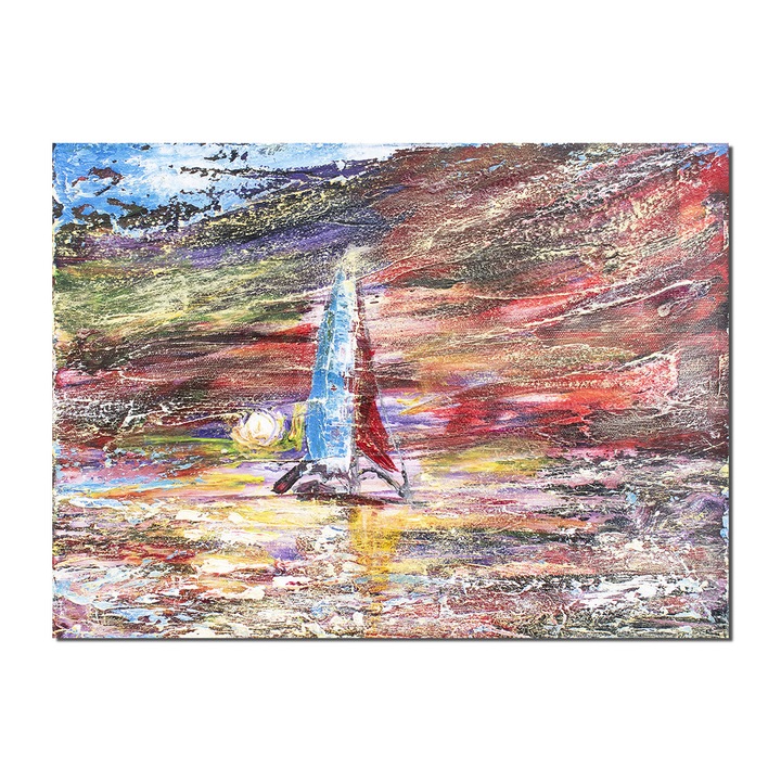 Tablou pictat manual hol, living, birou, dormitor, Peisaj marin cu catamaran, stilizat, 40x30cm acril pe panza in cutit efect 3D, gata de expus pe perete