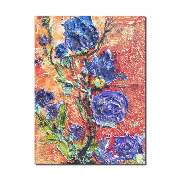 Tablou pictat manual hol, living, birou, dormitor, Flori mov, indigo, stilizat, 40x30cm acril pe panza in cutit efect 3D, gata de expus pe perete
