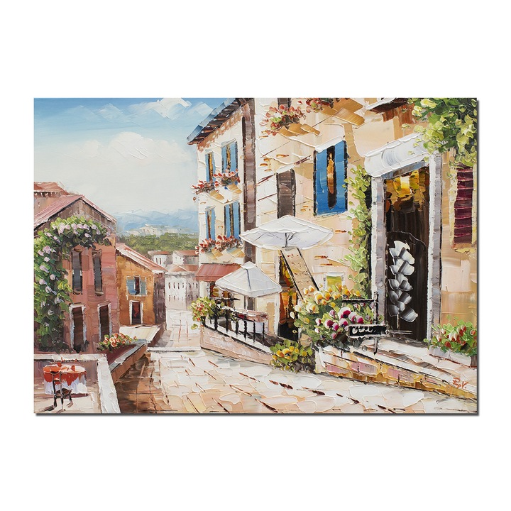 Tablou pictat manual living, birou, dormitor, Peisaj mediteranean, Tihna, 70x50cm ulei pe panza in cutit efect 3D, gata de expus pe perete