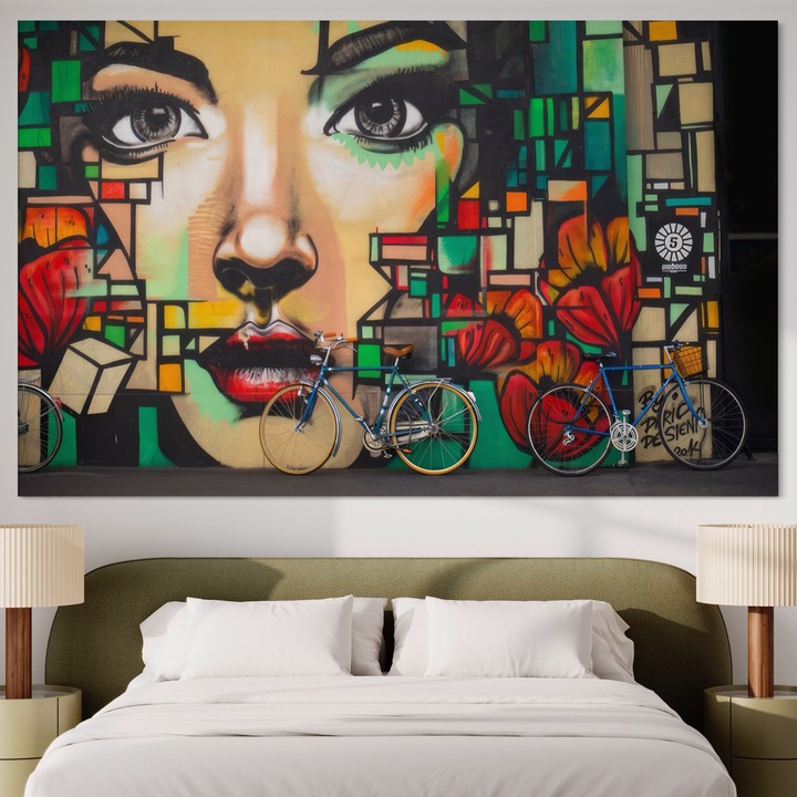 Tablou Canvas Premium, LuxCanva® A1332, Graffiti Wall Art, 50 X 80 CM, Panza Bumbac 100% 400g/m2, Sasiu Lemn, Camera Copil, Biciclete, Arta Stradala, Femeie, Studio, Culori Vibrante