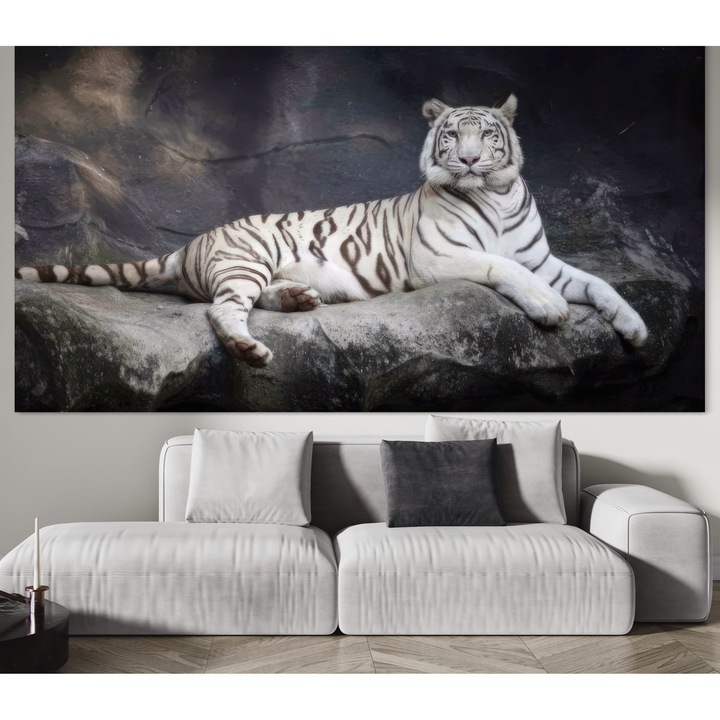 Премиум картина върху платно, LuxCanva® A1333, Бял тигър, 100 X 155 см, 100% памучно платно 400 г/м2, дървена рамка, хол, диво животно, тигър, декоративна, спалня, ярки цветове