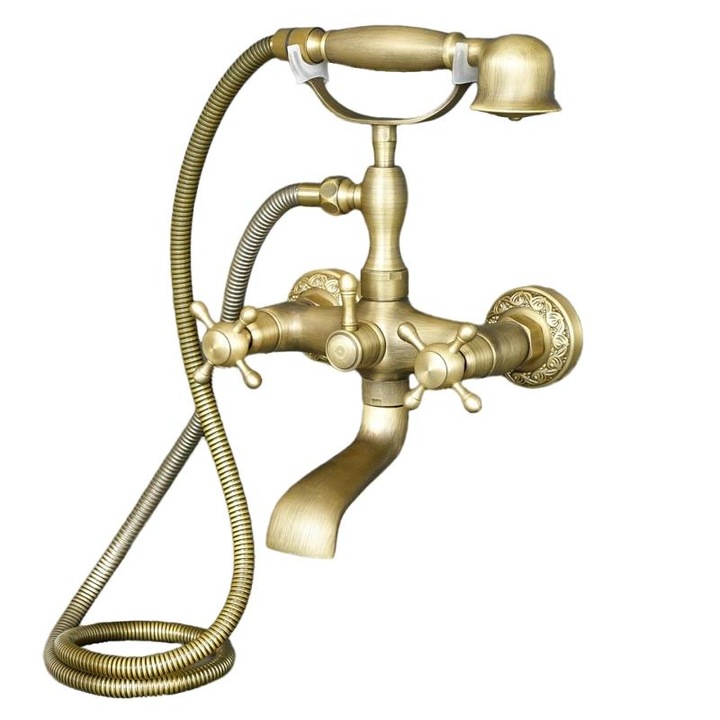 Baterie de perete pentru cada, Alama, Cap ceramic, Auriu