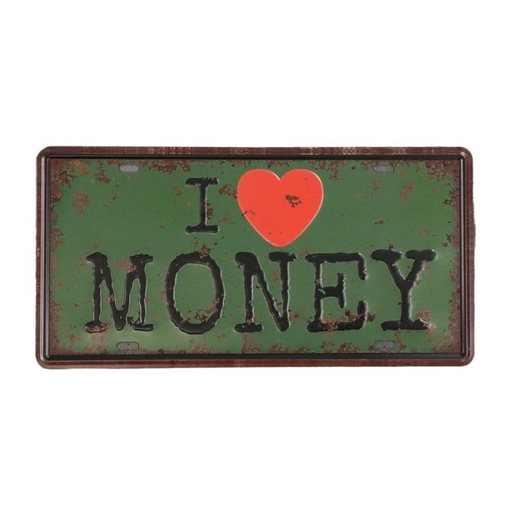 Placa decorativa, Metal, I love money, Multicolor