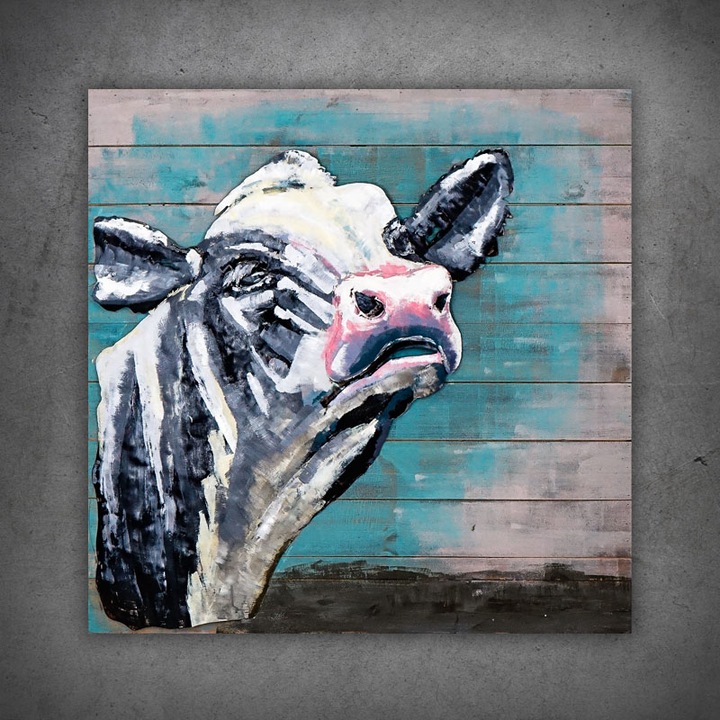 Tablou 3D metalic Seart Group, vaca, efect tridimensional, 80x80cm, lemn reciclat