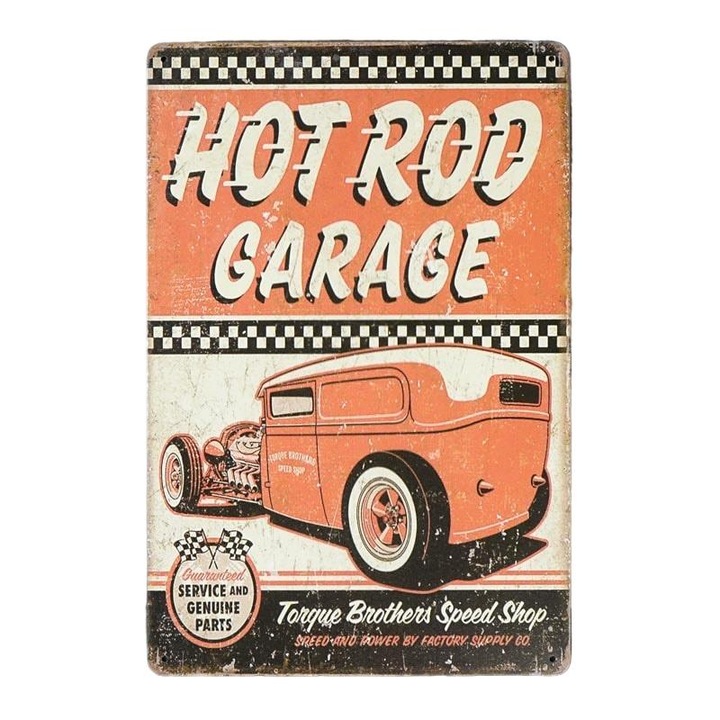 Placa decorativa HOT ROD GARAGE, Metal, Portocaliu/Galben