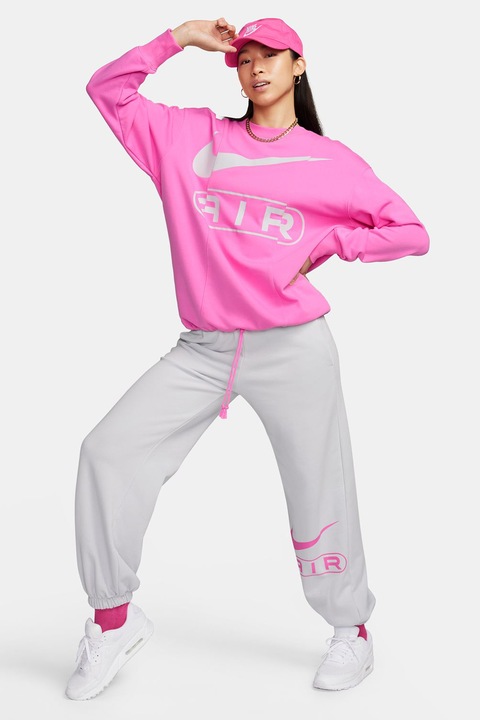 Nike, Уголемен суитшърт Air с лого и паднали ръкави, Розово/Сив