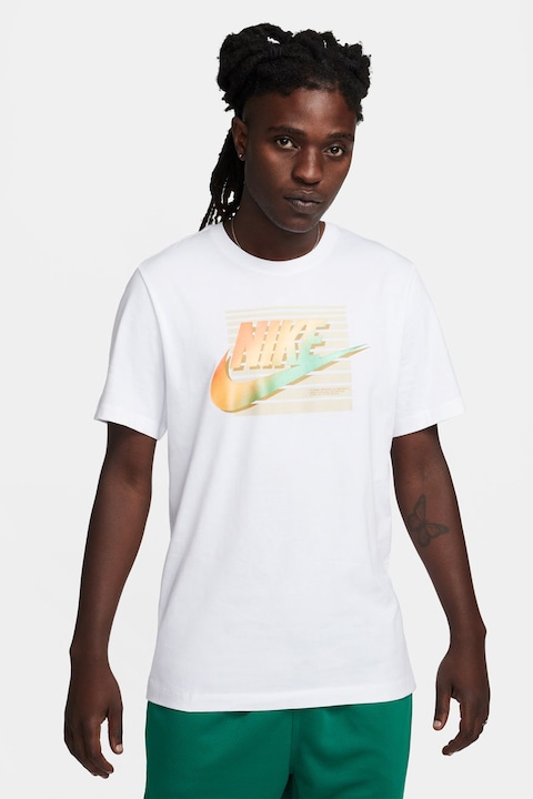 Nike, Тениска Futura с овално деколте и лого, Зелен/Оранжев/Бял