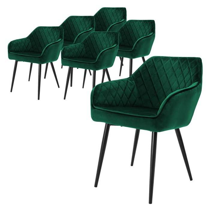 Set de 6 scaune de sufragerie, ML-Design, catifea, verde inchis, 60 x 63 x 80 cm, design modern si elegant, asamblare simpla si rapida