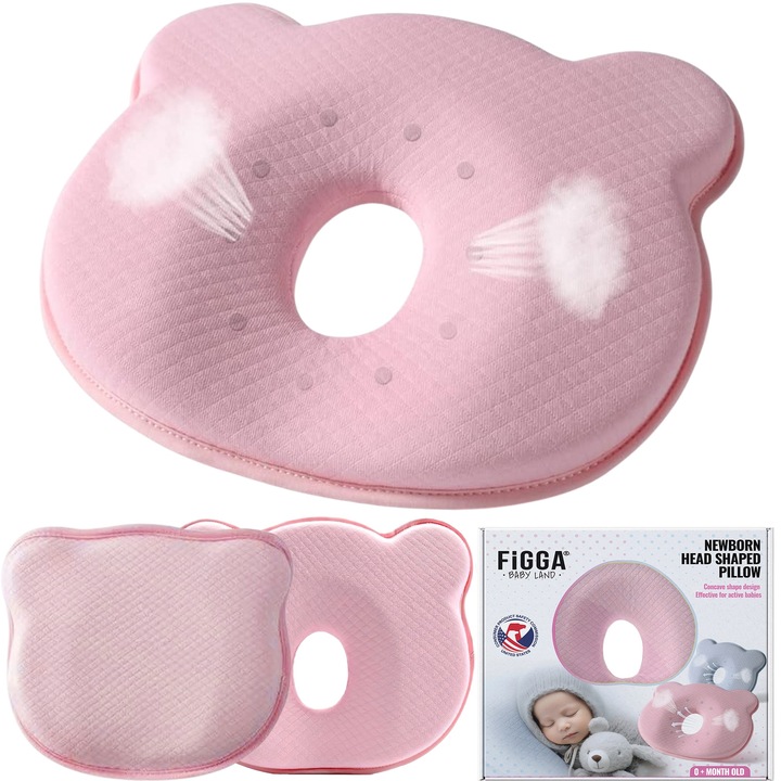 Perna bebelusi FiGGA® pentru formarea capului, Anti Plagiocefalie, Spuma cu memorie, Husa de protectie, Roz