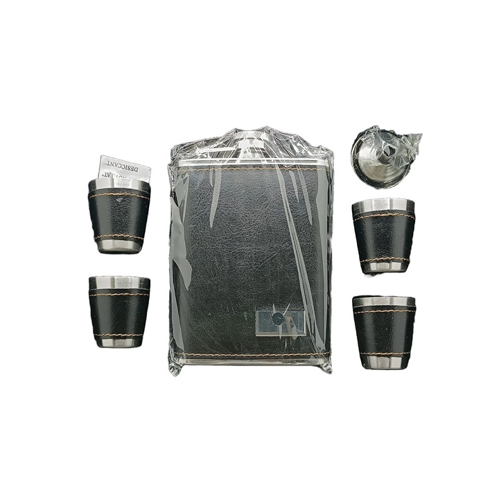 Set Plosca Alcool, Palnie, 4 Pahare Black Leather