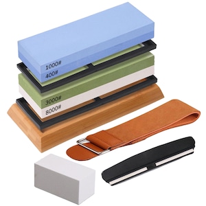 Kit Piatra de ascutit cutite 400/1000 si 3000/8000, Axroad Mall, Kit de Ascutire cutite, Cu piatra de aplatizare si piatra ascutire, curea piele pentru slefuire, baza de bambus, Corindon, 180x60x28 mm, Multicolor