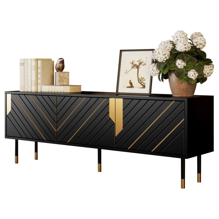 Comoda TV Maramax 150 3D, MIRJAN24, negru + auriu, 154x40x55 cm