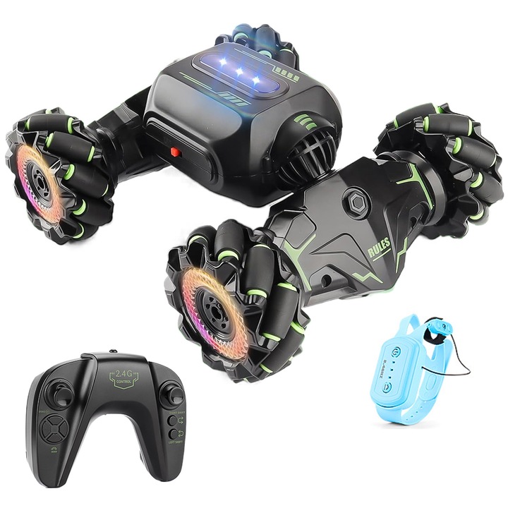 Stunt Twist Car с дистанционно управление, Yingyun®, 2,4 GHz, ръчен сензор, дрифт с 360 градуса ротация и 180 градуса обръщане, LED светлини, зелено/черно