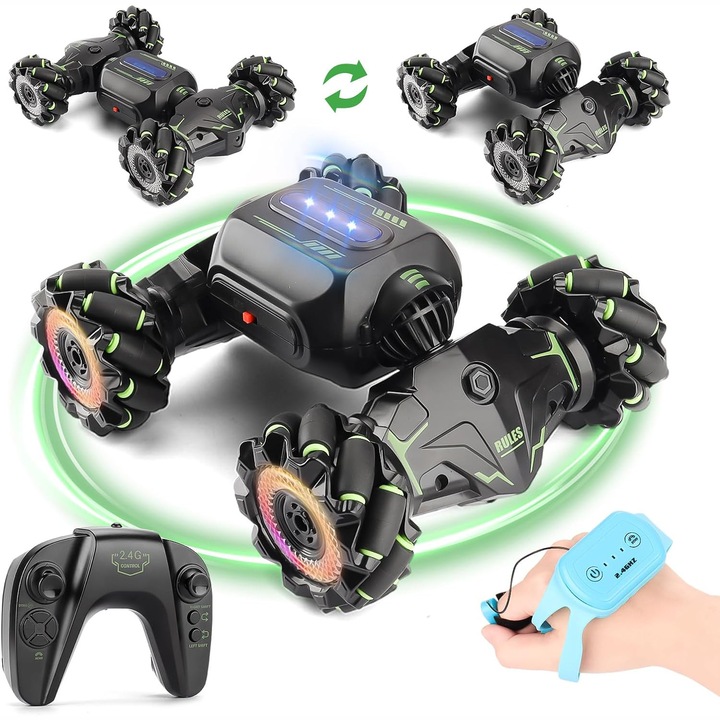 Masina Stunt Twist Car cu telecomanda, Yingyun®, 2.4 GHz, Senzor de mana, Drift cu Rotire la 360 grade si Rasturnari de 180 grade, Lumini Led, Verde/Negru