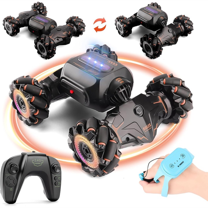 Masina Stunt Twist Car cu telecomanda, Yingyun®, 2.4 GHz, Senzor de mana, Drift cu Rotire la 360 grade si Rasturnari de 180 grade, Lumini Led, Portocaliu/Negru