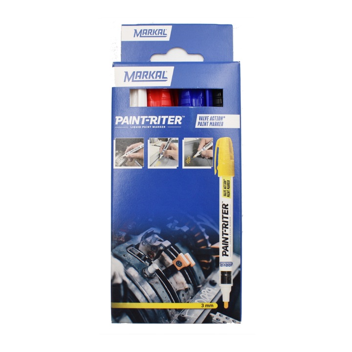 Set 4 markere Valve Action, alb, rosu, albastru si negru, Markal