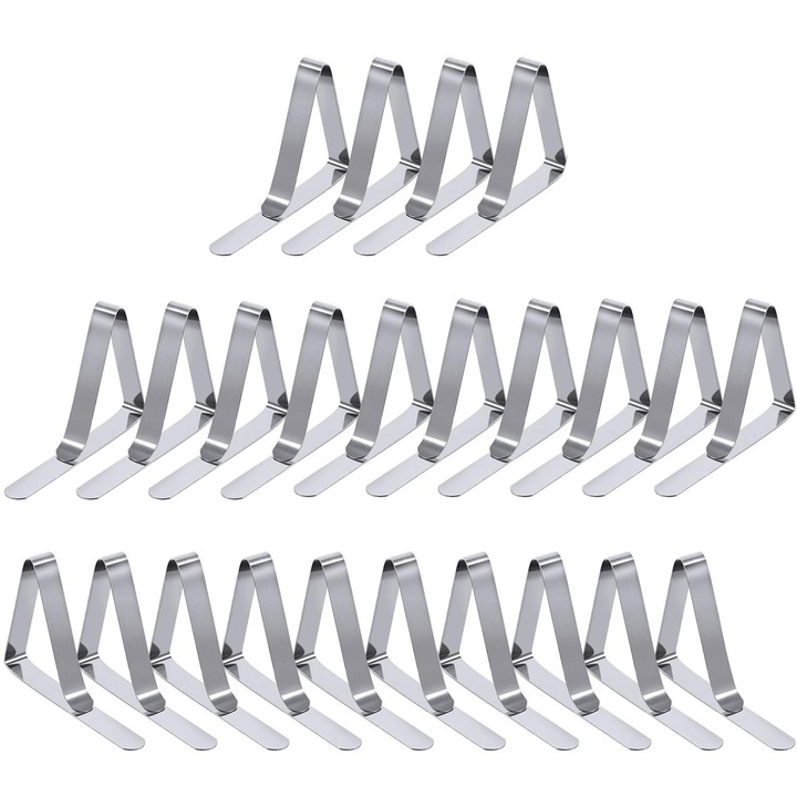 Set 24 cleme pentru prins fata de masa, BOMSTOM, Design triunghiular, Inox, Durabil si rezistent la rugina, Usor de utilizat si de indepartat, Pentru grosimilor de masa sub 4.5 cm, 7.4 x 4.5 cm/2.95 x 1.77 inch, Argintiu