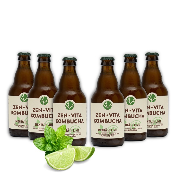 Kombucha, Set 6 sticle x 330 ml, Zenvita, menta & lime, nepasteurizat (RAW), pentru digestie