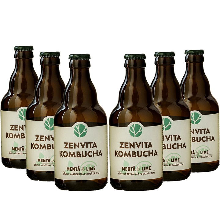 Set 6 sticle x 330 ml ceai kombucha, Zenvita, menta & lime, nepasteurizat (RAW)