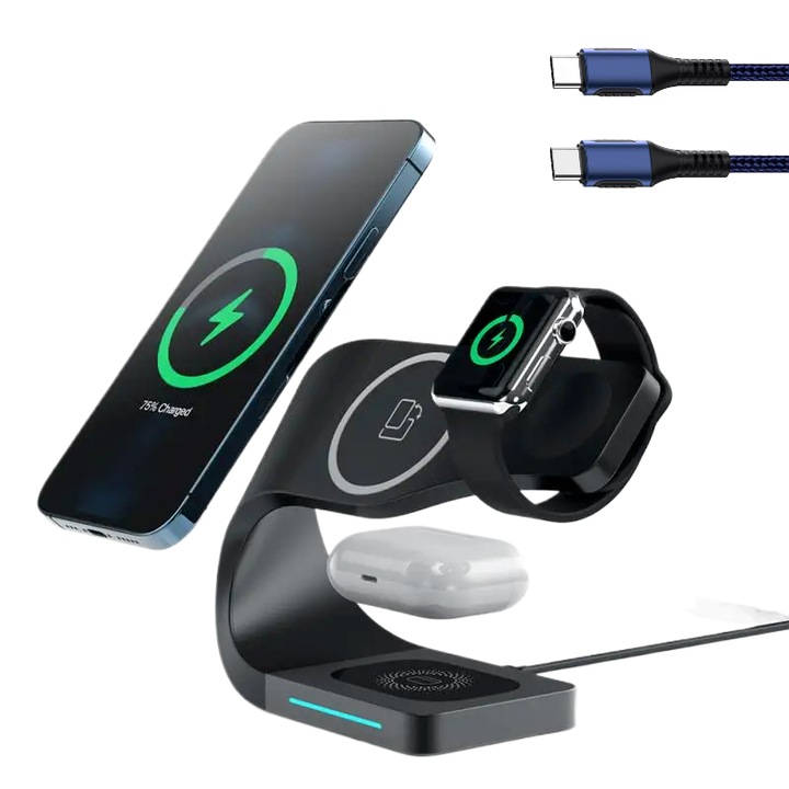 Incarcator magnetic wireless YARCO®, 4 in 1, 15W, Senzor Standby, Compatibil Iphone MAGSAFE Android, Doar iWatch 2-8, Airpods 2/3/Pro, Pozitie reglabila, Negru + Cablu Fast C la C 60W