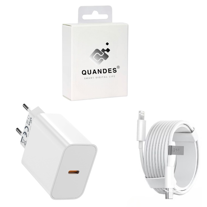 Set Incarcator iPhone cu Adaptor Fast-Charge 20W, si Cablu de Date 1M USB-C - tip Lightning, Compatibil cu iPhone 14 Pro / 14 Pro Max / 13 Pro Max / 12 Pro / 12 Pro Max