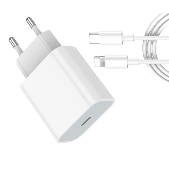 Set Incarcator SvodMedia®️ Compatibil cu iPhone, USB-C 20W Fast Charger si Cablu U/SB-C Lightning, Compatibil cu iPhone 14 / 13 / 12 / 11 XS / X / 8 / 7 / 6, Alb