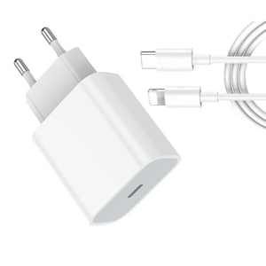 Set Incarcator Fast Charge 20W si Cablu de Date Fast Charge 1M Type-C-Lightning, Compatibil cu Apple iPhone 14 / 14 Pro / 14 Pro Max / 13 / 13 Pro / 13 Pro Max / 12 / 12 Pro / 12 Pro Max, 11 Pro / 10, Alb