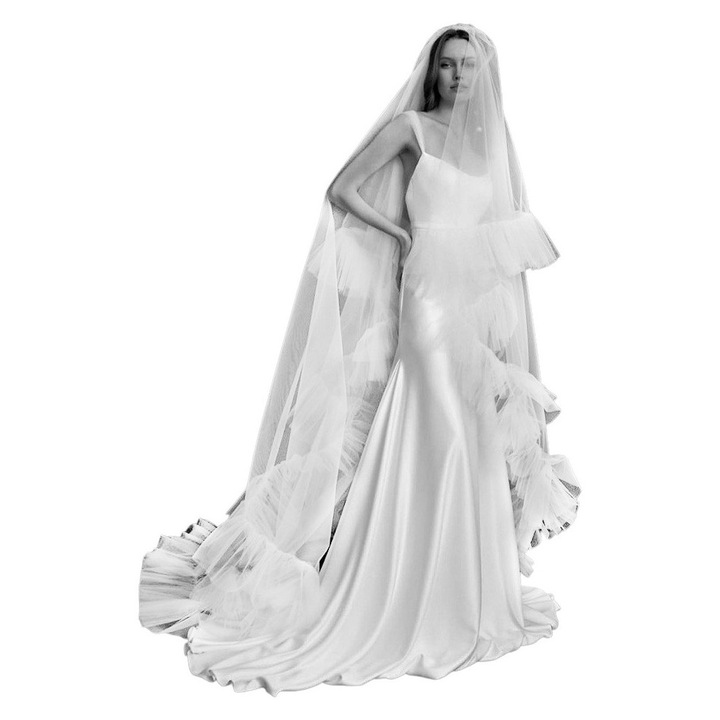 Voal de mireasa stil Catedrala, rotunjit, cu volan lat pe margine V117 Alb