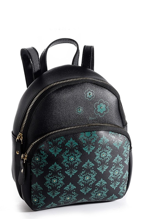 Mini hátizsák, ökológiai bőr, fekete, zsebes, 19x10x21 cm