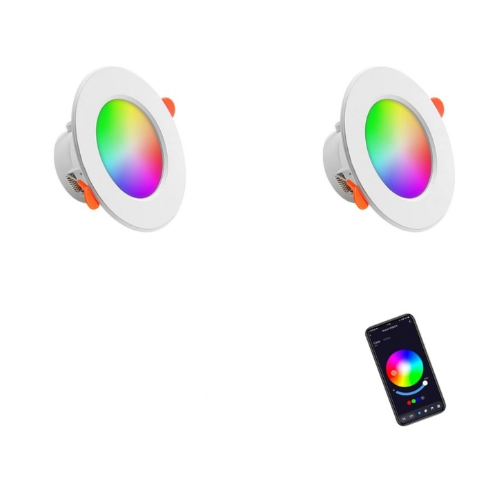 Set 2 Spoturi LED Inteligente RGB+CCT 10W cu Control Vocal si WiFi 2.4GHz - Lumina Calda si Rece, Autonomie 50000h, Incastrate, Alb, 113mm