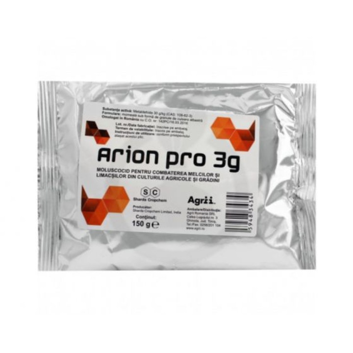 Moluscocid pe baza de metaldehida, pentru combaterea melcilor si limacsilor din culturile agricole si gradini, Arion Pro 3G, 150 gr