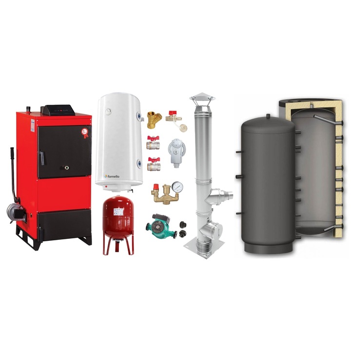 Set Centrala pe combustibil solid Fiama D2-25 Putere 29 kW, cu Ventilator si Automatizare, Puffer 800 litri, Cos inox, Boiler Termoelectric, Pompa, Vas Expansiune si Fitinguri