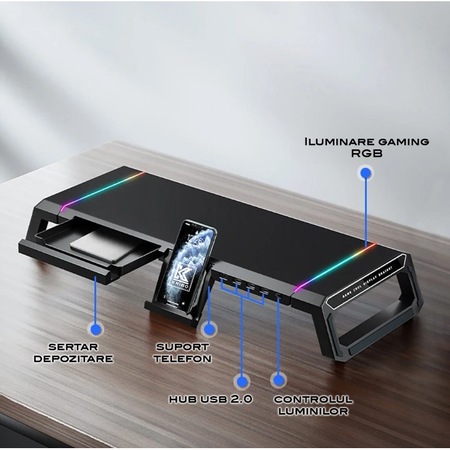 Suport ergonomic pentru monitor/laptop Kribo® Monstand pliabil, lumini ...