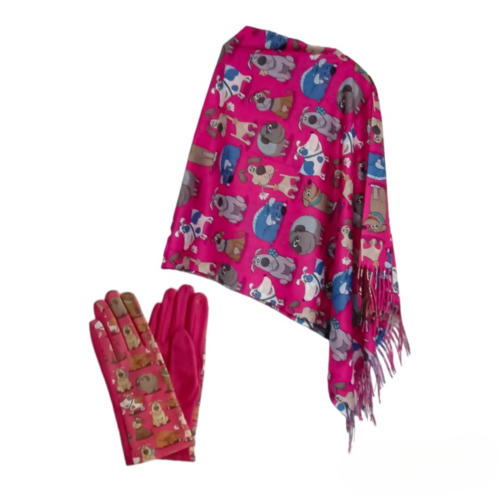 Set Esarfa Dama tip Sal 200x75cm si Manusi Catifelate Imprimeu Catelusi Amuzanti Funny Fluffy Dogs, Roz Aprins