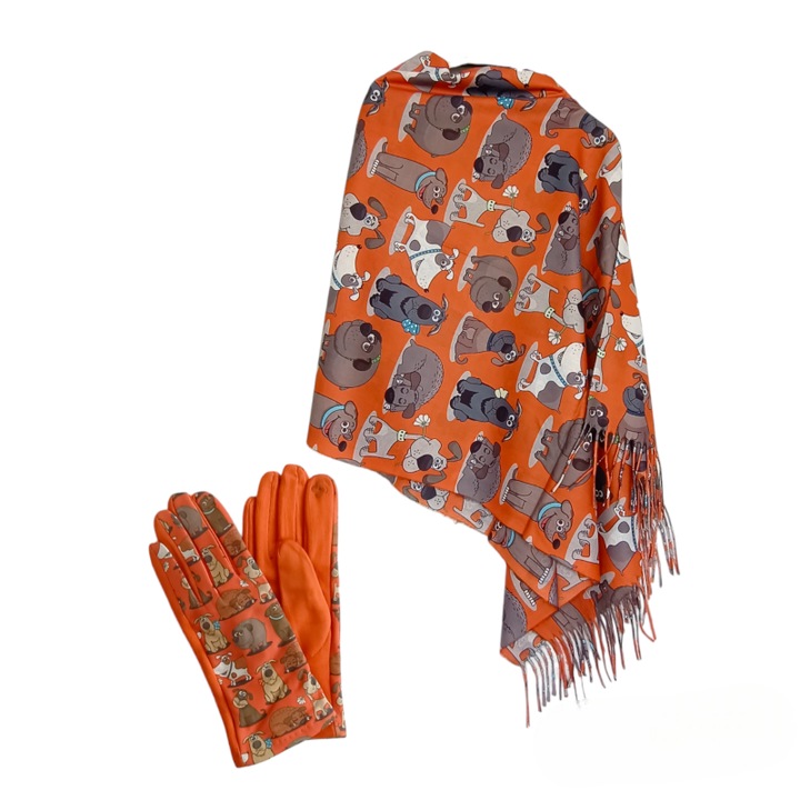 Set Esarfa Dama tip Sal 200x75cm si Manusi Catifelate Imprimeu Catelusi Amuzanti Funny Fluffy Dogs, Portocaliu