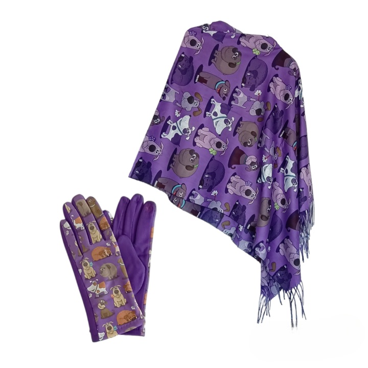 Set Esarfa Dama tip Sal 200x75cm si Manusi Catifelate Imprimeu Catelusi Amuzanti Funny Fluffy Dogs, Mov