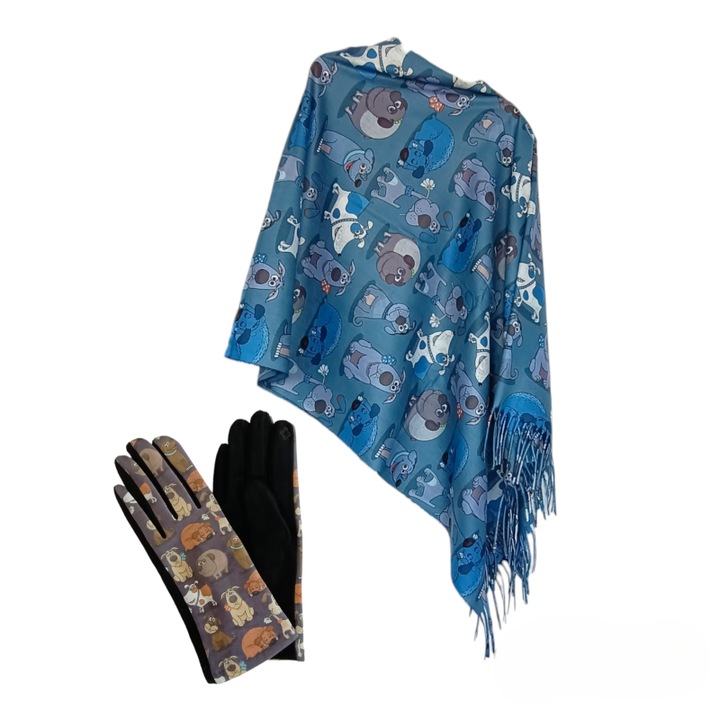 Set Esarfa Dama tip Sal 200x75cm si Manusi Catifelate Imprimeu Catelusi Amuzanti Funny Fluffy Dogs, Albastru Petrol
