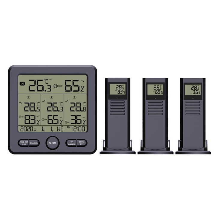 Termometru digital wireless cu 3 senzori, alb-negru, 12.5x12.5x2cm