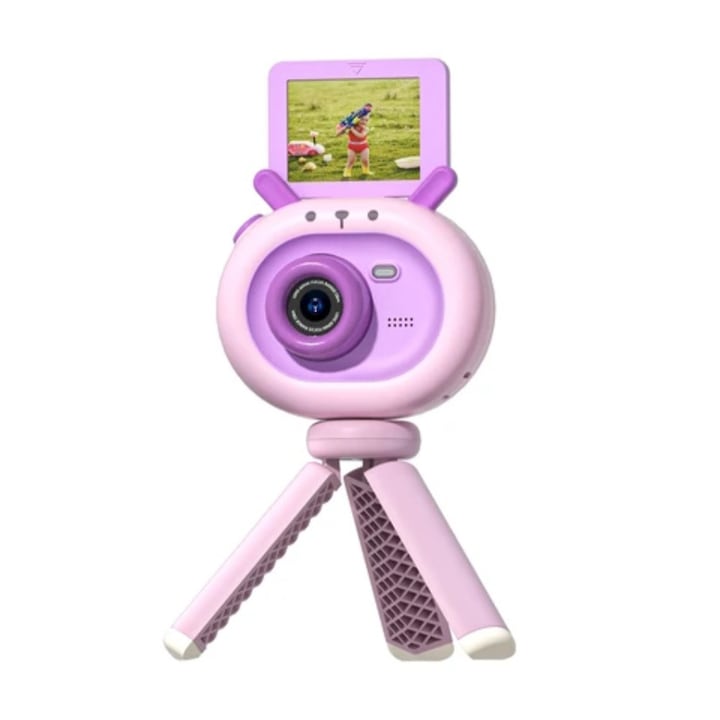 Цифров фотоапарат за деца, THD S2, резолюция на снимката 12 мегапиксела, видео 1080p, сгъваем селфи екран, розова калинка